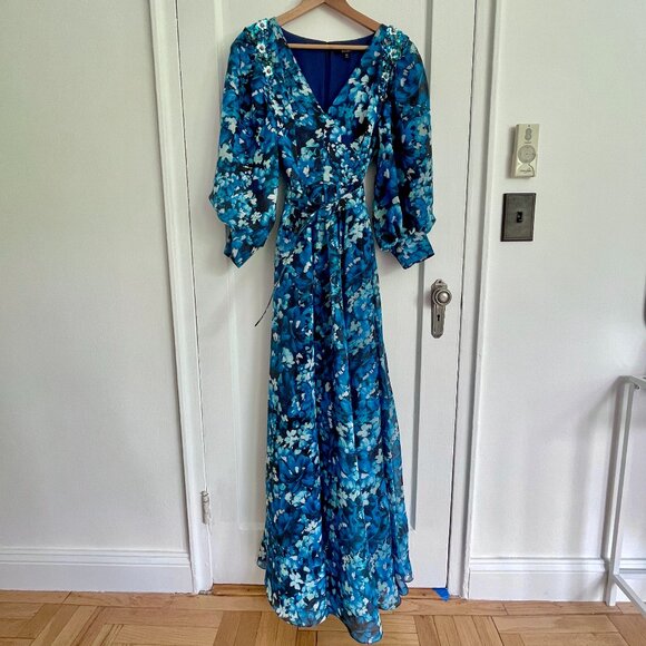 Badgley Mischka Blue Print Puff Sleeve Gown, Size 10 (NWT) - Picture 2 of 11
